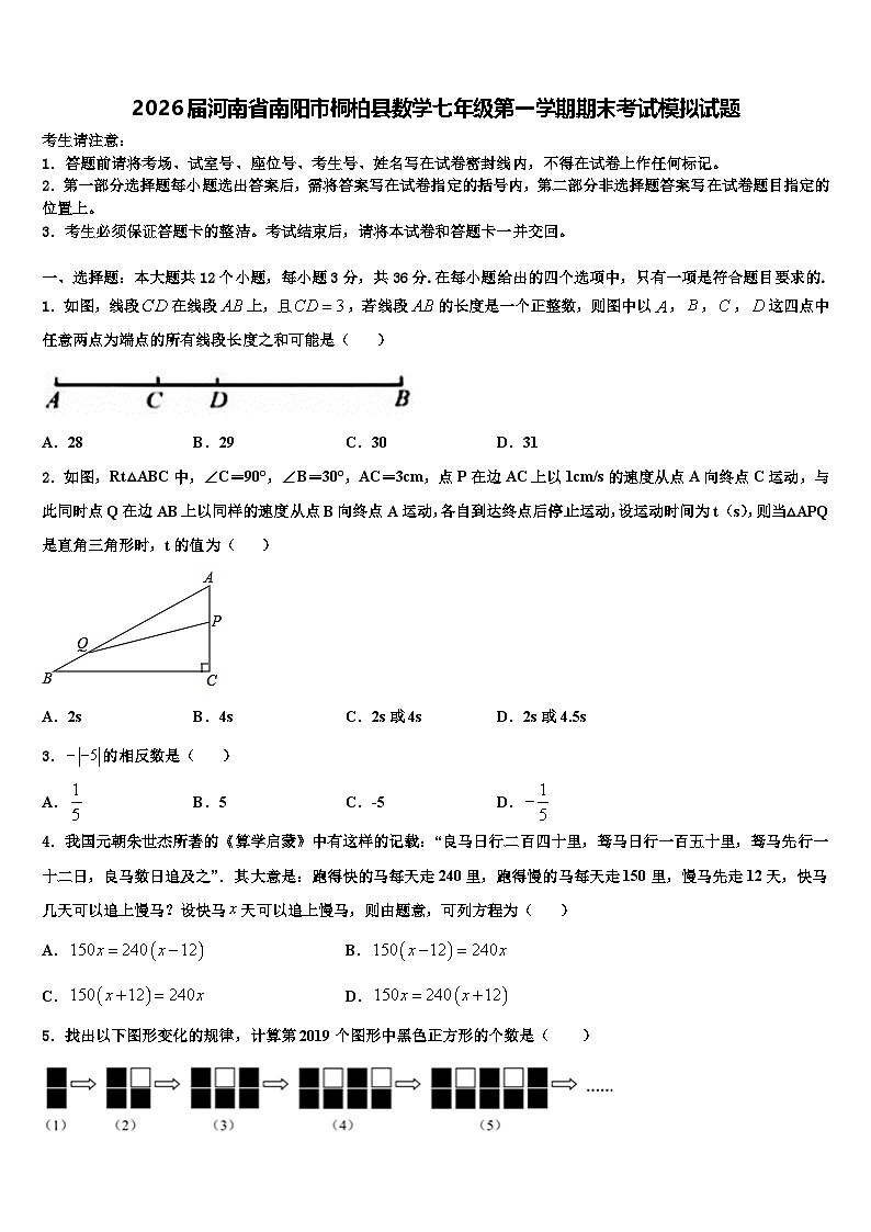 2026届河南省南阳市桐柏县数学七年级第一学期期末考试模拟试题含解析第1页