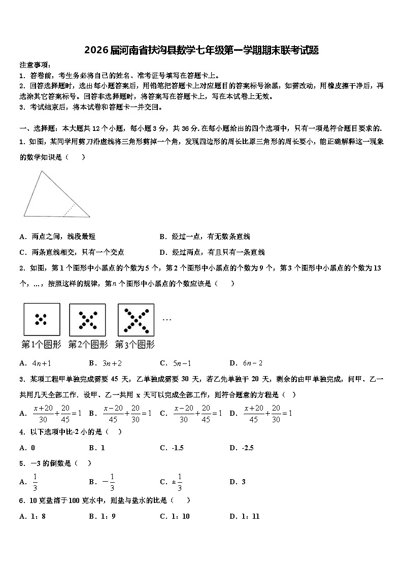 2026届河南省扶沟县数学七年级第一学期期末联考试题含解析第1页