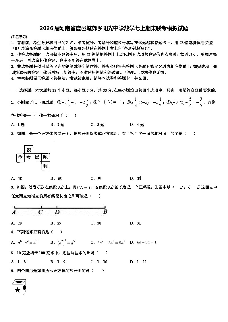2026届河南省鹿邑城郊乡阳光中学数学七上期末联考模拟试题含解析第1页