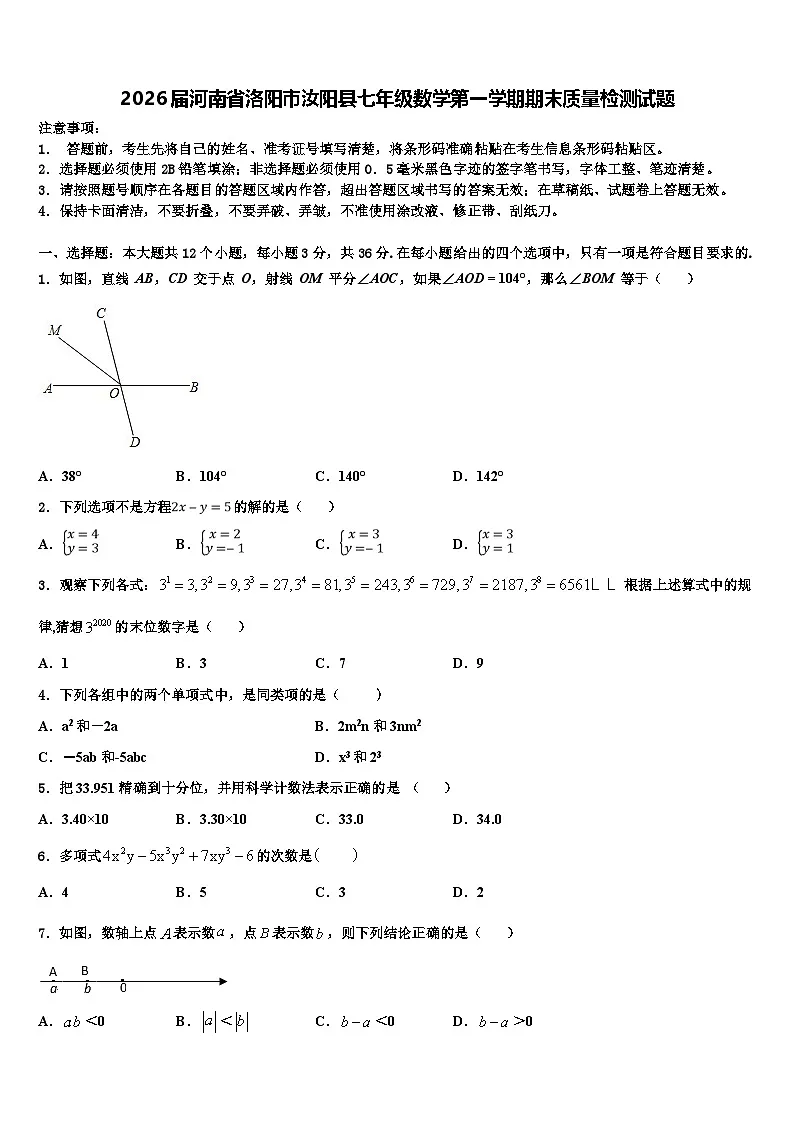 2026届河南省洛阳市汝阳县七年级数学第一学期期末质量检测试题含解析第1页