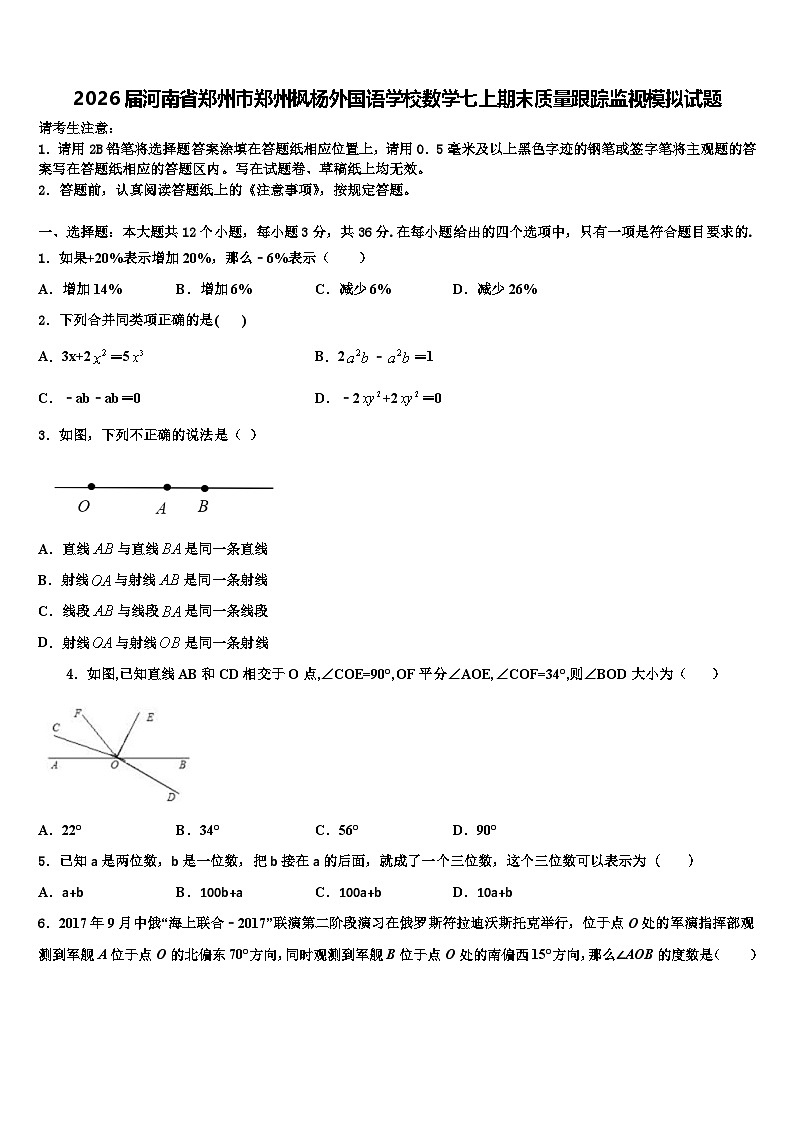 2026届河南省郑州市郑州枫杨外国语学校数学七上期末质量跟踪监视模拟试题含解析第1页