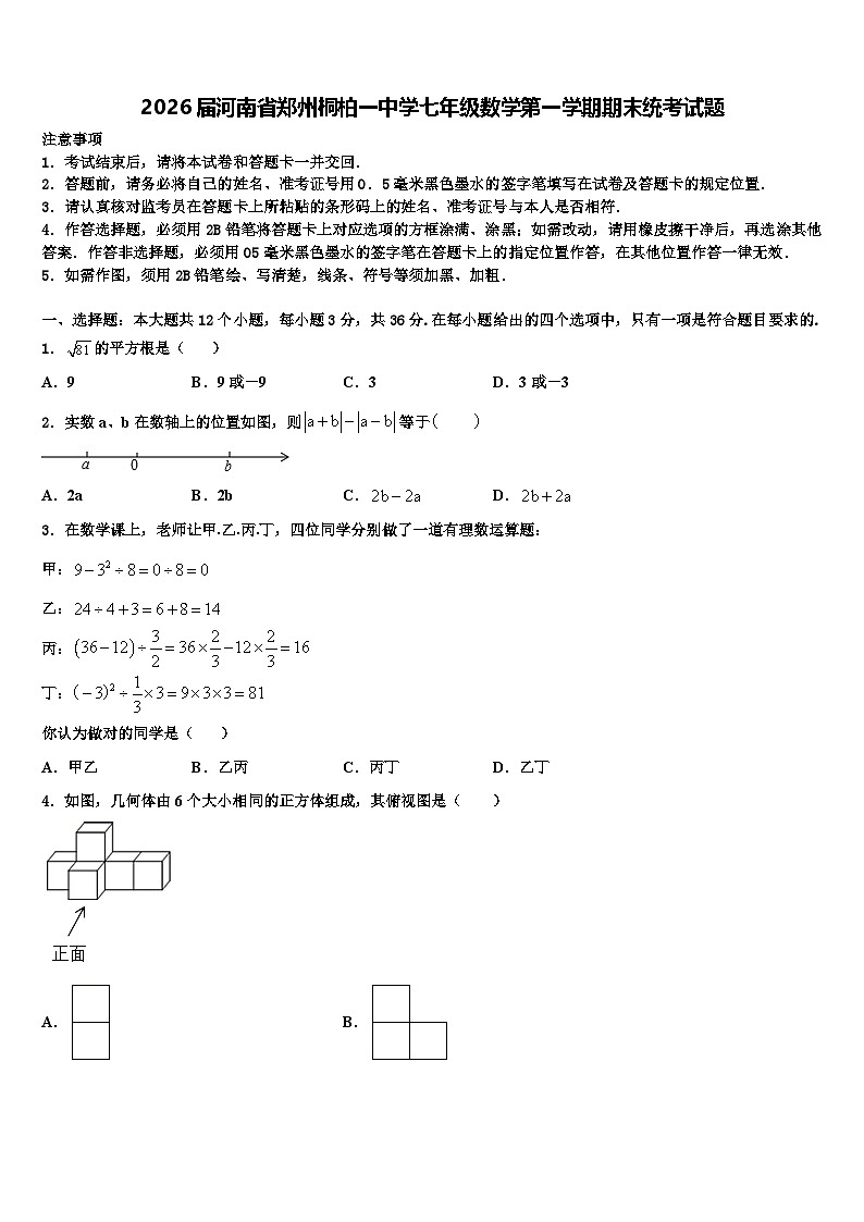 2026届河南省郑州桐柏一中学七年级数学第一学期期末统考试题含解析第1页
