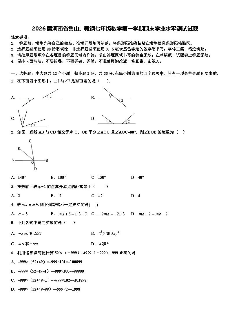 2026届河南省鲁山、舞钢七年级数学第一学期期末学业水平测试试题含解析第1页