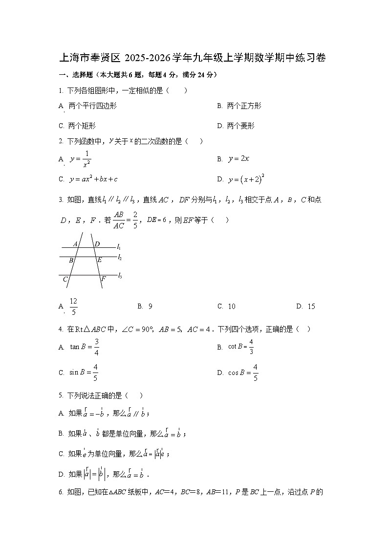 上海市奉贤区2025-2026学年九年级上学期期中练习卷数学试卷（学生版）第1页