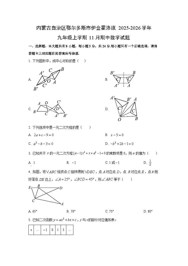 内蒙古自治区鄂尔多斯市伊金霍洛旗2025-2026学年九年级上学期11月期中数学试卷（学生版）第1页