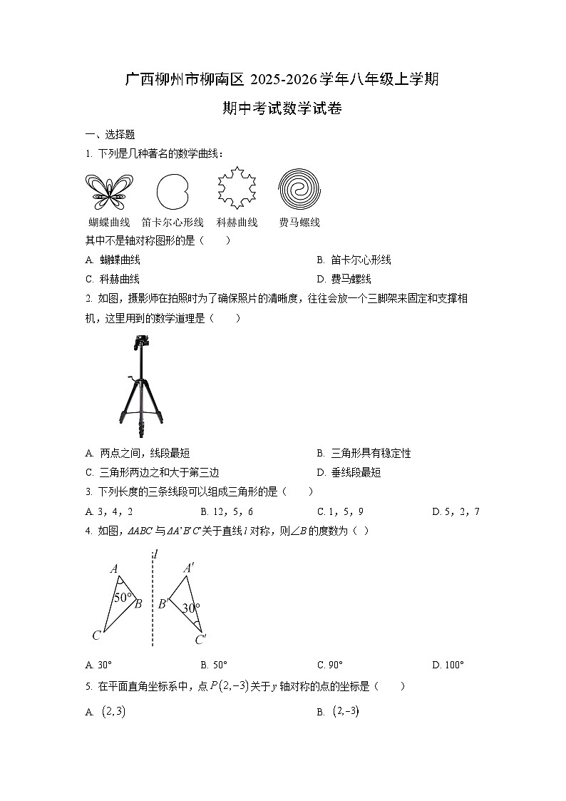 广西柳州市柳南区2025-2026学年八年级上学期期中考试数学试卷（学生版）第1页