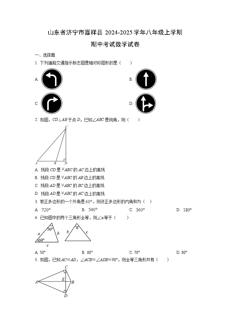 山东省济宁市嘉祥县2024-2025学年八年级上学期期中考试数学试卷（学生版）第1页