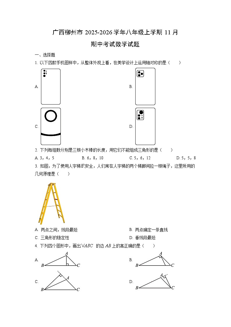 广西柳州市2025-2026学年八年级上学期11月期中考试数学试卷（学生版）第1页