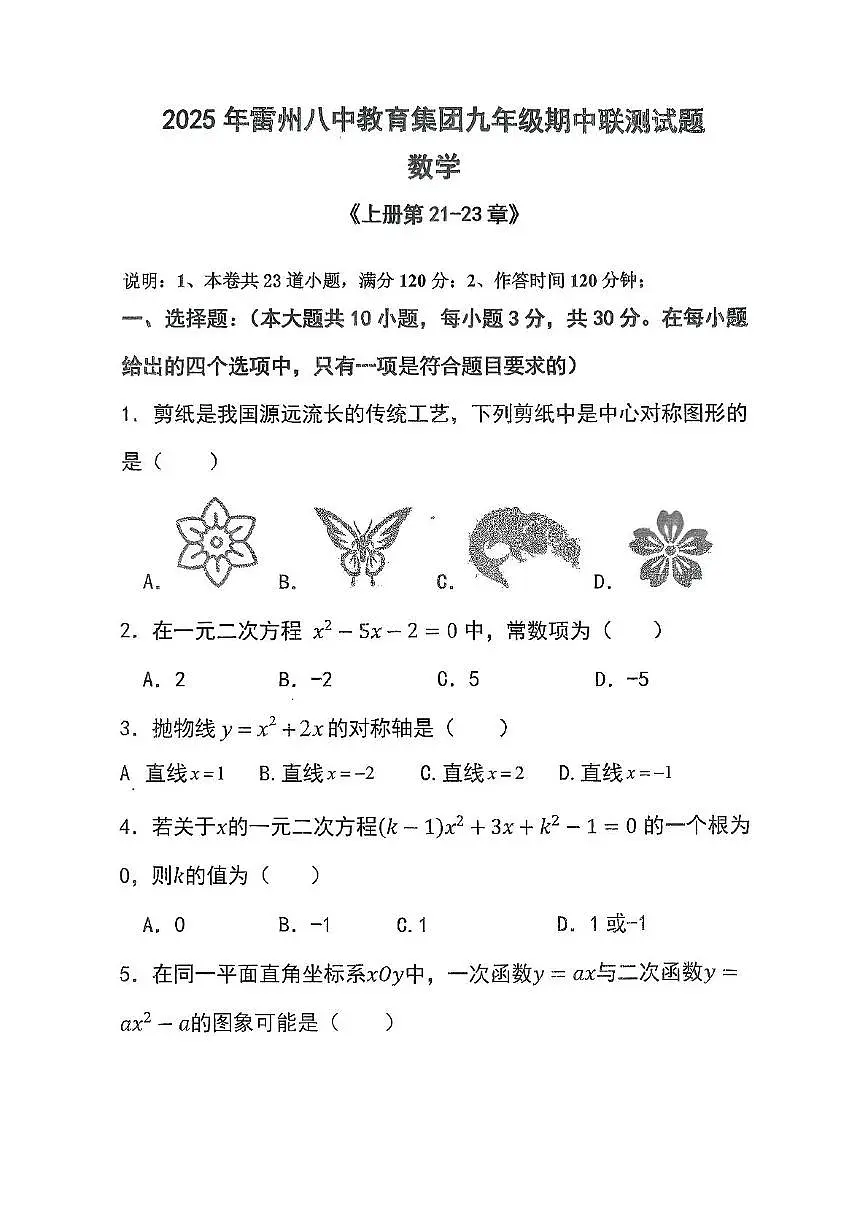广东省湛江市雷州市2025-2026学年九年级上学期11月期中数学试题第1页