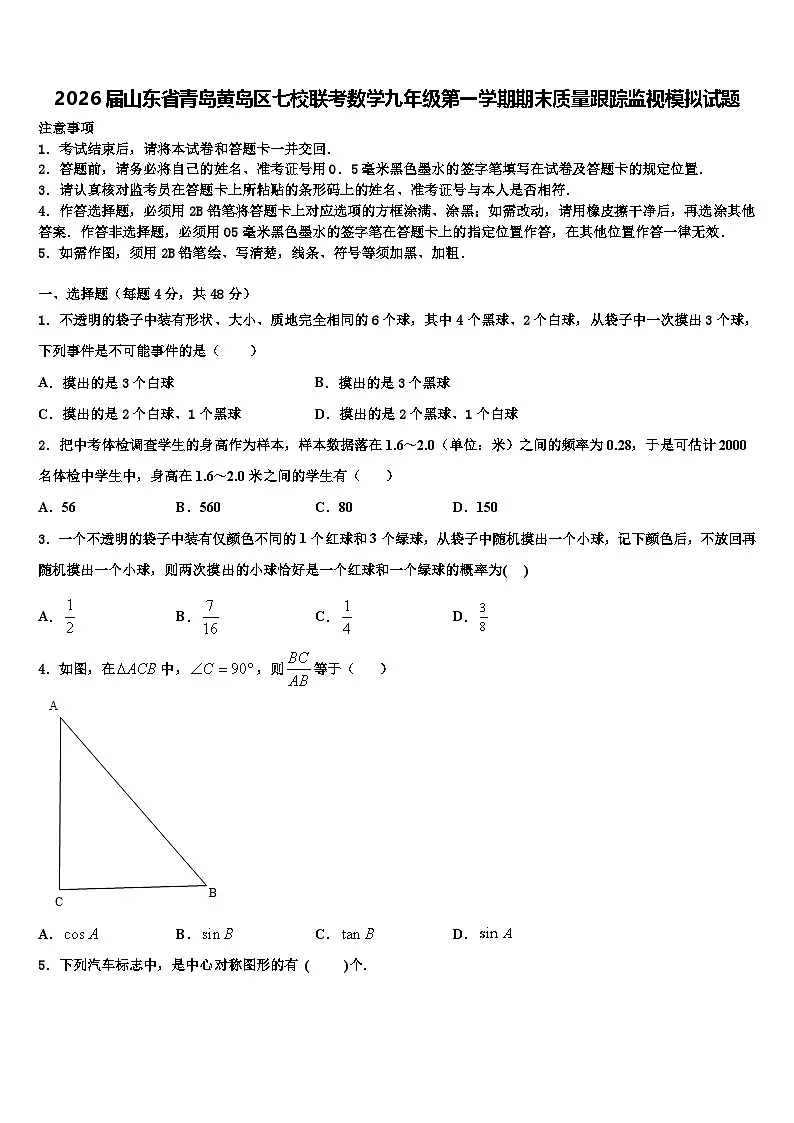 2026届山东省青岛黄岛区七校联考数学九年级第一学期期末质量跟踪监视模拟试题含解析第1页