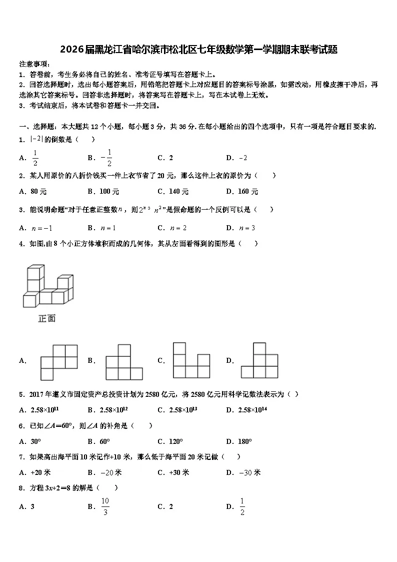 2026届黑龙江省哈尔滨市松北区七年级数学第一学期期末联考试题含解析第1页