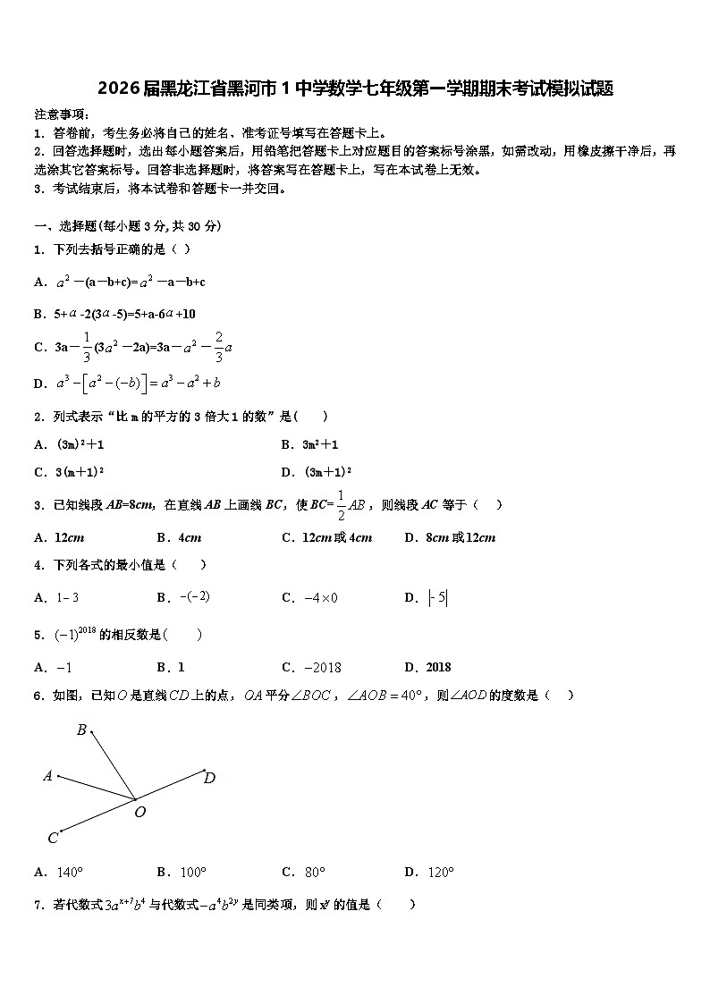 2026届黑龙江省黑河市1中学数学七年级第一学期期末考试模拟试题含解析第1页