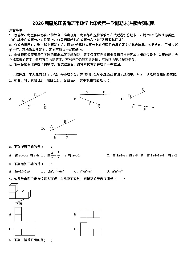 2026届黑龙江省尚志市数学七年级第一学期期末达标检测试题含解析第1页