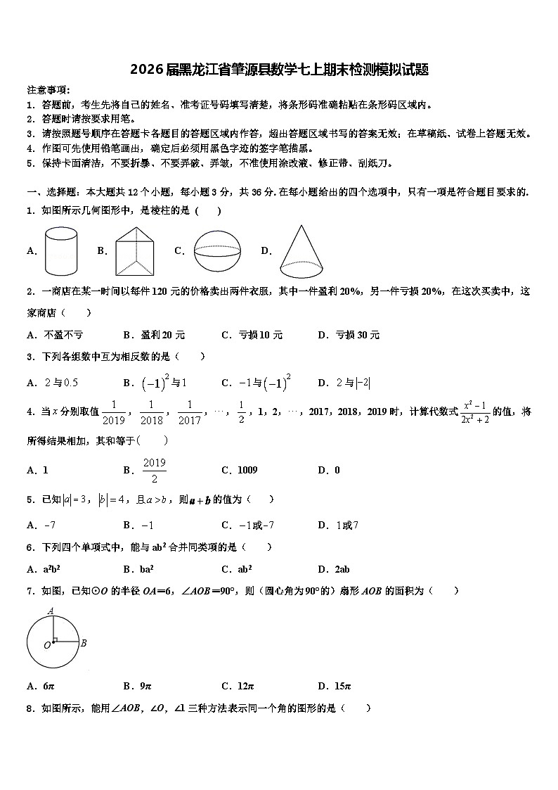 2026届黑龙江省肇源县数学七上期末检测模拟试题含解析第1页