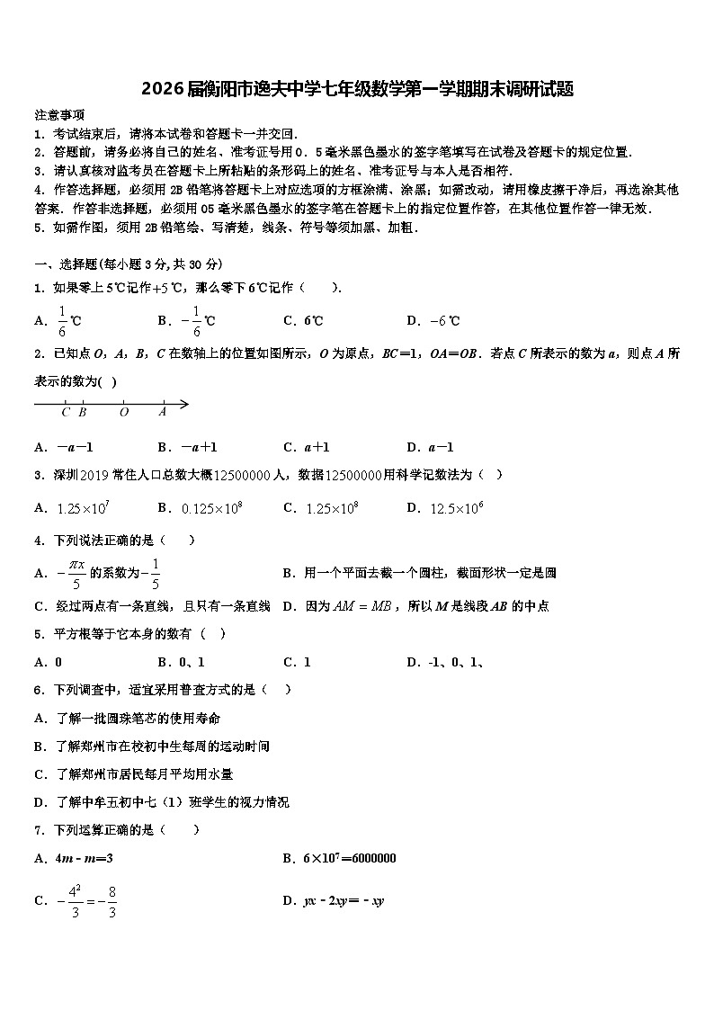 2026届衡阳市逸夫中学七年级数学第一学期期末调研试题含解析第1页