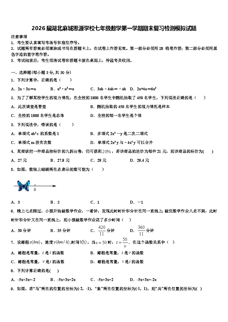 2026届湖北麻城思源学校七年级数学第一学期期末复习检测模拟试题含解析第1页