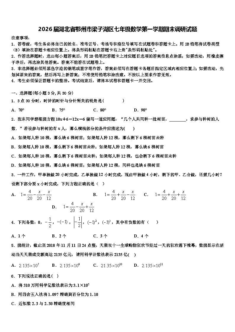 2026届湖北省鄂州市梁子湖区七年级数学第一学期期末调研试题含解析第1页