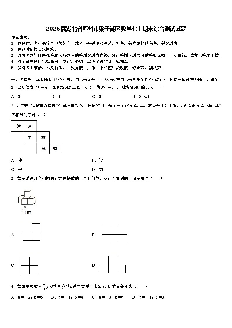 2026届湖北省鄂州市梁子湖区数学七上期末综合测试试题含解析第1页