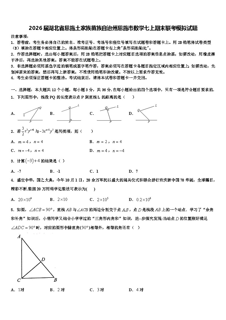 2026届湖北省恩施土家族苗族自治州恩施市数学七上期末联考模拟试题含解析第1页