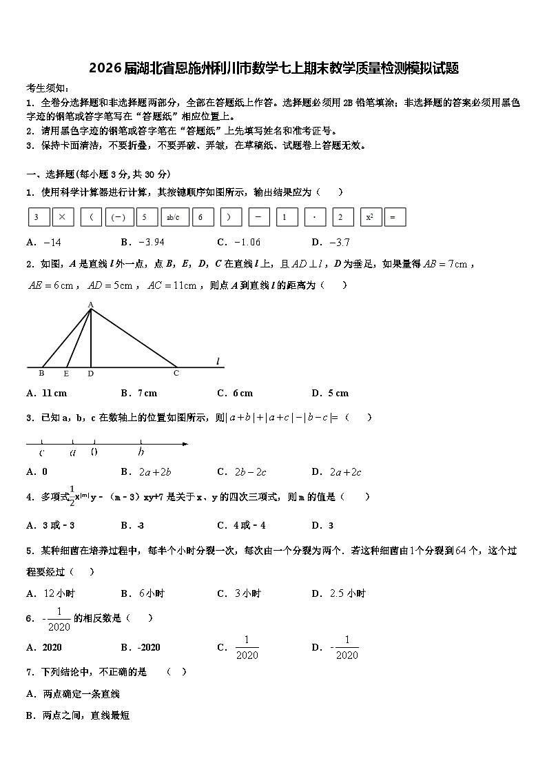 2026届湖北省恩施州利川市数学七上期末教学质量检测模拟试题含解析第1页
