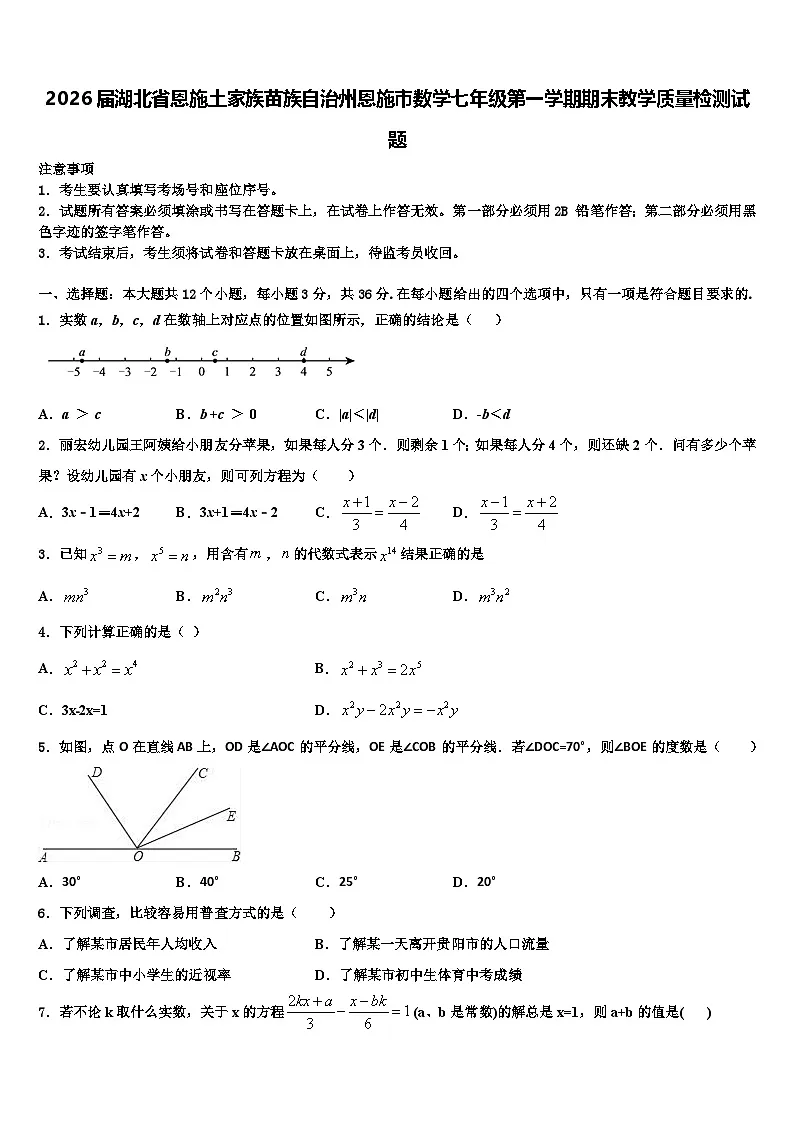 2026届湖北省恩施土家族苗族自治州恩施市数学七年级第一学期期末教学质量检测试题含解析第1页