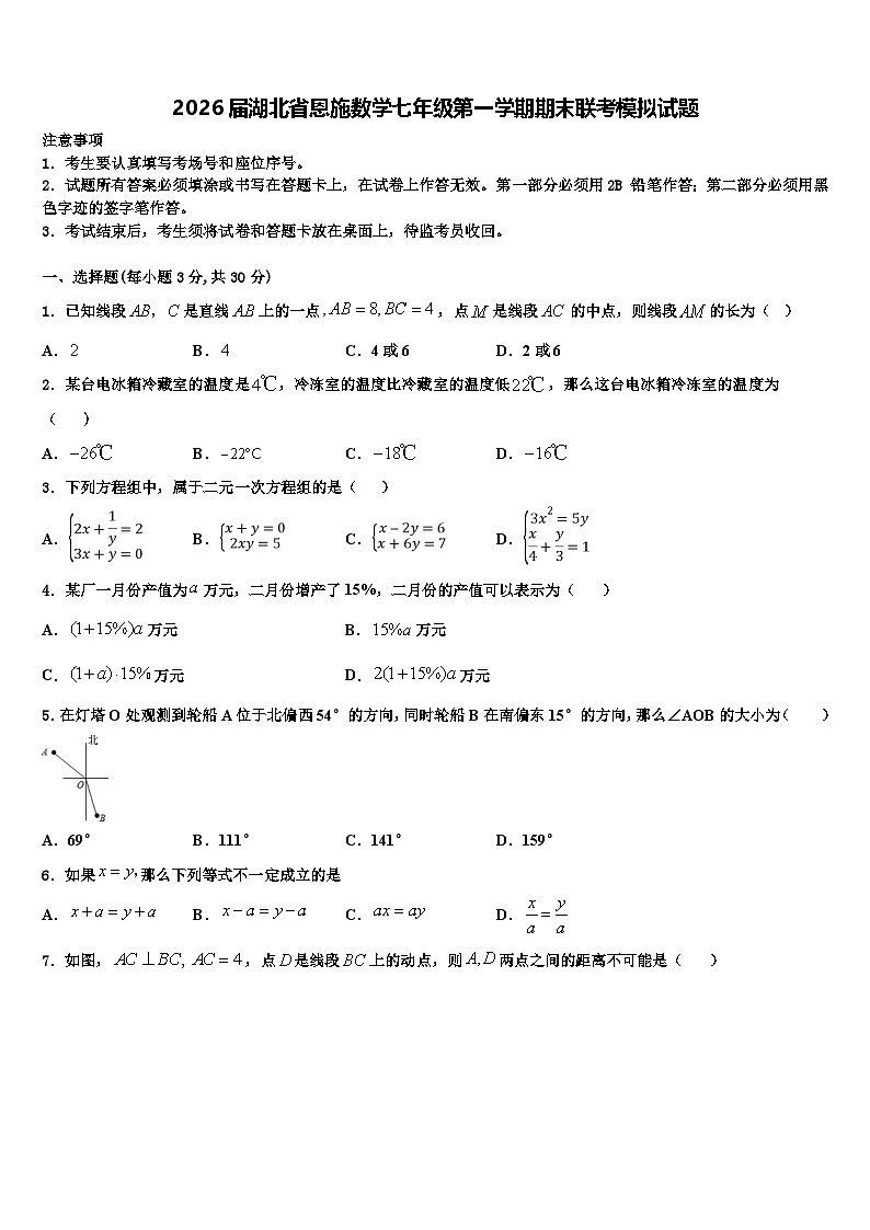 2026届湖北省恩施数学七年级第一学期期末联考模拟试题含解析第1页