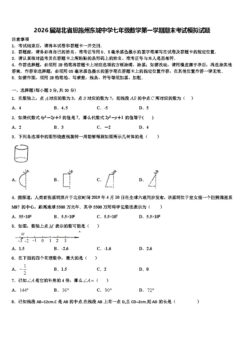 2026届湖北省恩施州东城中学七年级数学第一学期期末考试模拟试题含解析第1页