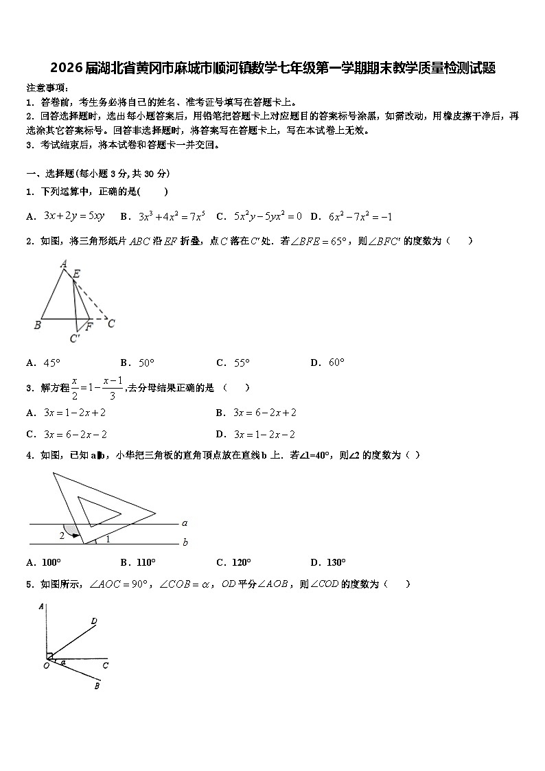 2026届湖北省黄冈市麻城市顺河镇数学七年级第一学期期末教学质量检测试题含解析第1页