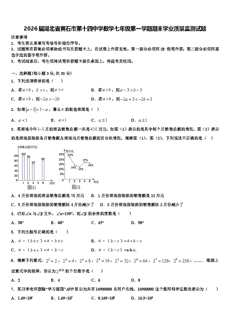2026届湖北省黄石市第十四中学数学七年级第一学期期末学业质量监测试题含解析第1页