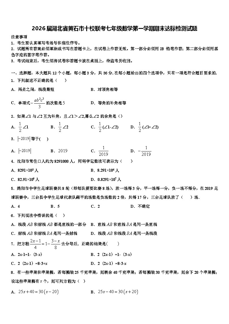 2026届湖北省黄石市十校联考七年级数学第一学期期末达标检测试题含解析第1页