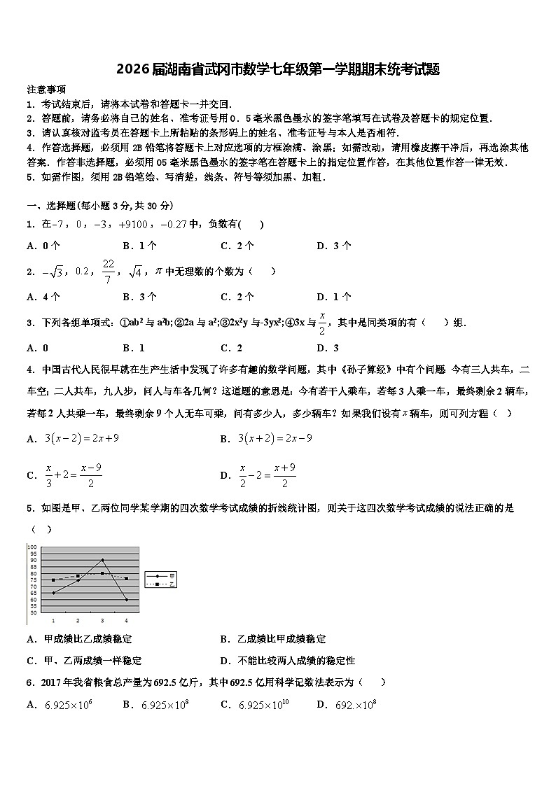 2026届湖南省武冈市数学七年级第一学期期末统考试题含解析第1页