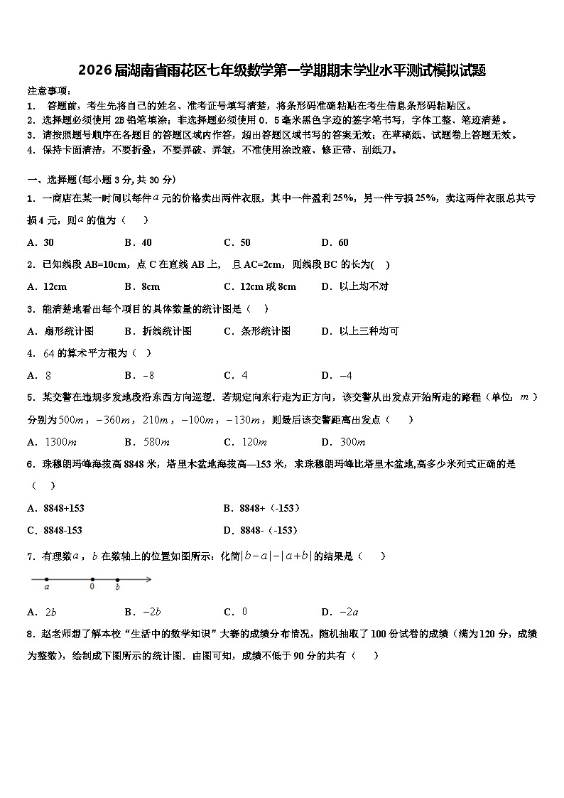 2026届湖南省雨花区七年级数学第一学期期末学业水平测试模拟试题含解析第1页