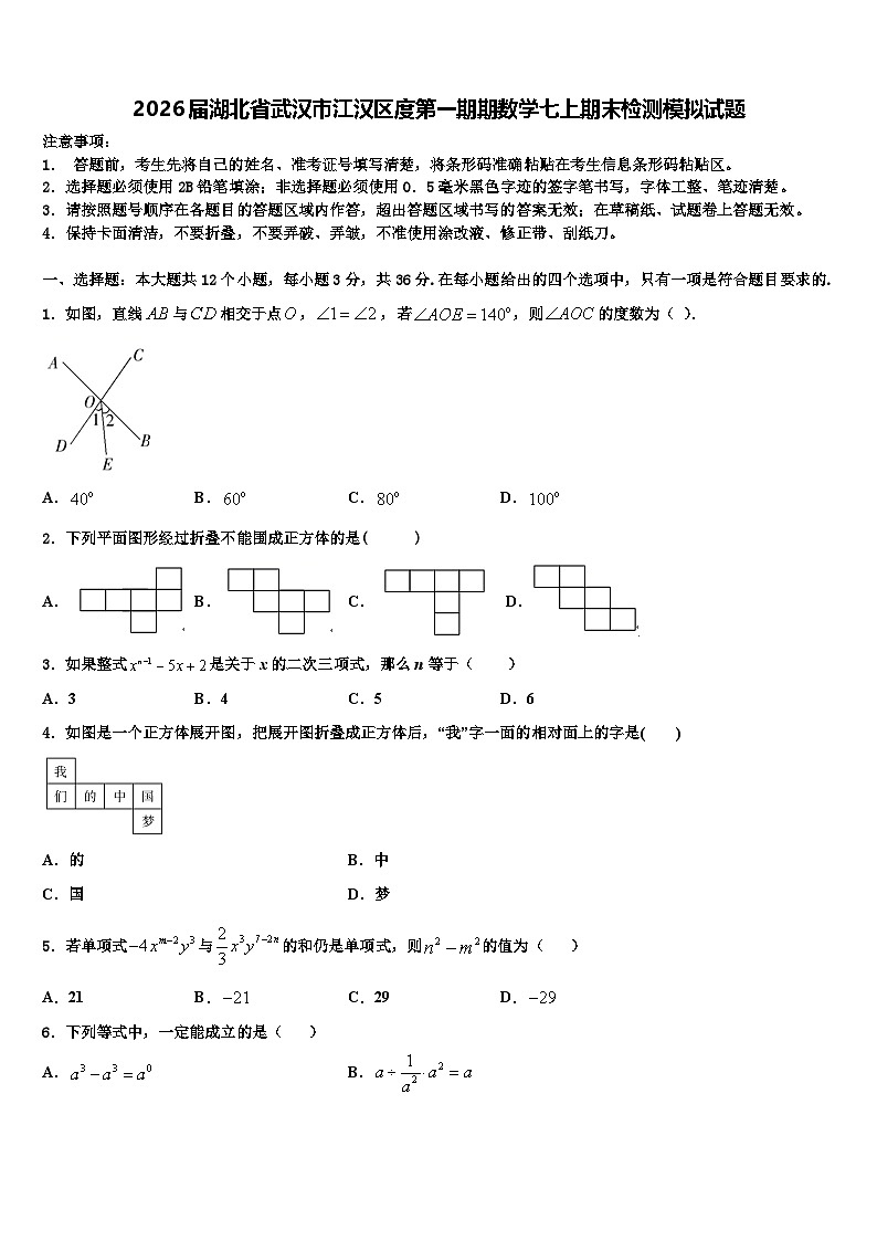 2026届湖北省武汉市江汉区度第一期期数学七上期末检测模拟试题含解析第1页