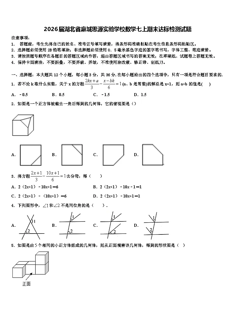 2026届湖北省麻城思源实验学校数学七上期末达标检测试题含解析第1页
