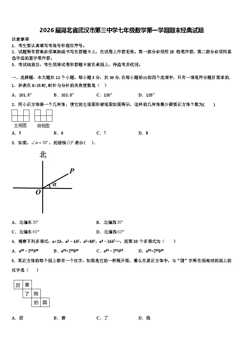 2026届湖北省武汉市第三中学七年级数学第一学期期末经典试题含解析第1页