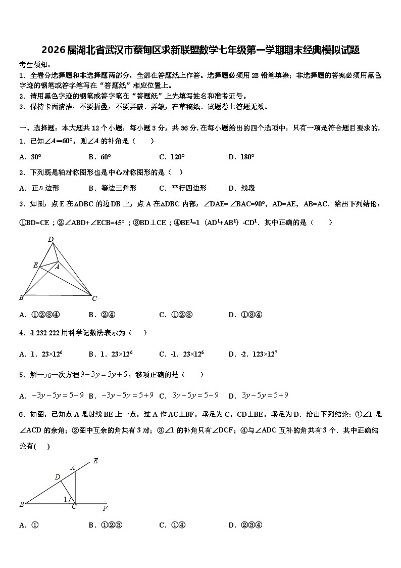 2026届湖北省武汉市蔡甸区求新联盟数学七年级第一学期期末经典模拟试题含解析第1页