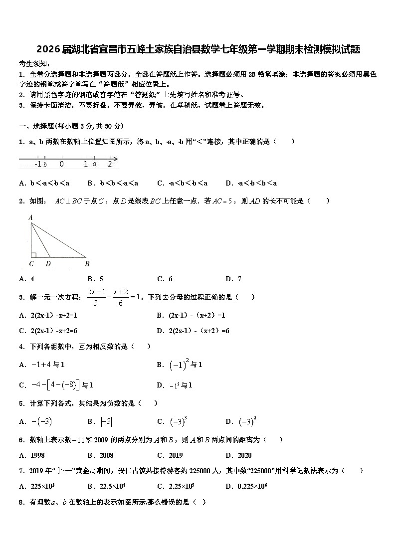 2026届湖北省宜昌市五峰土家族自治县数学七年级第一学期期末检测模拟试题含解析第1页