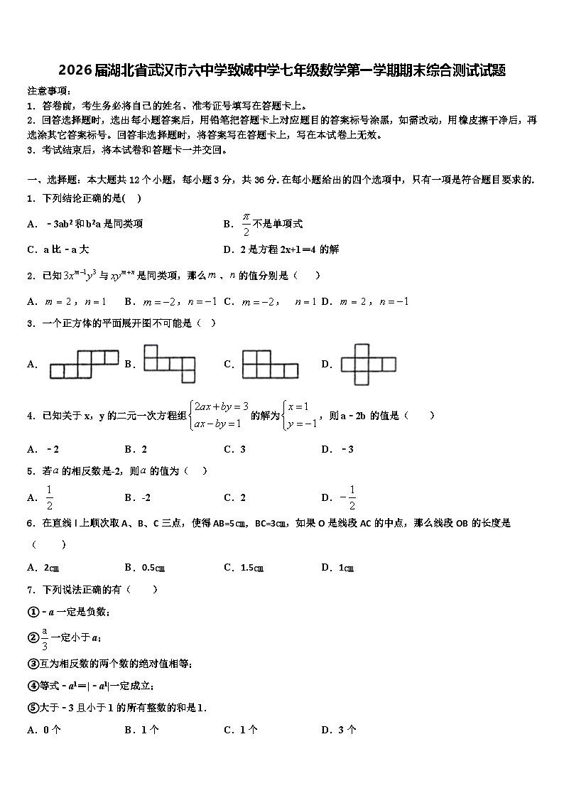 2026届湖北省武汉市六中学致诚中学七年级数学第一学期期末综合测试试题含解析第1页
