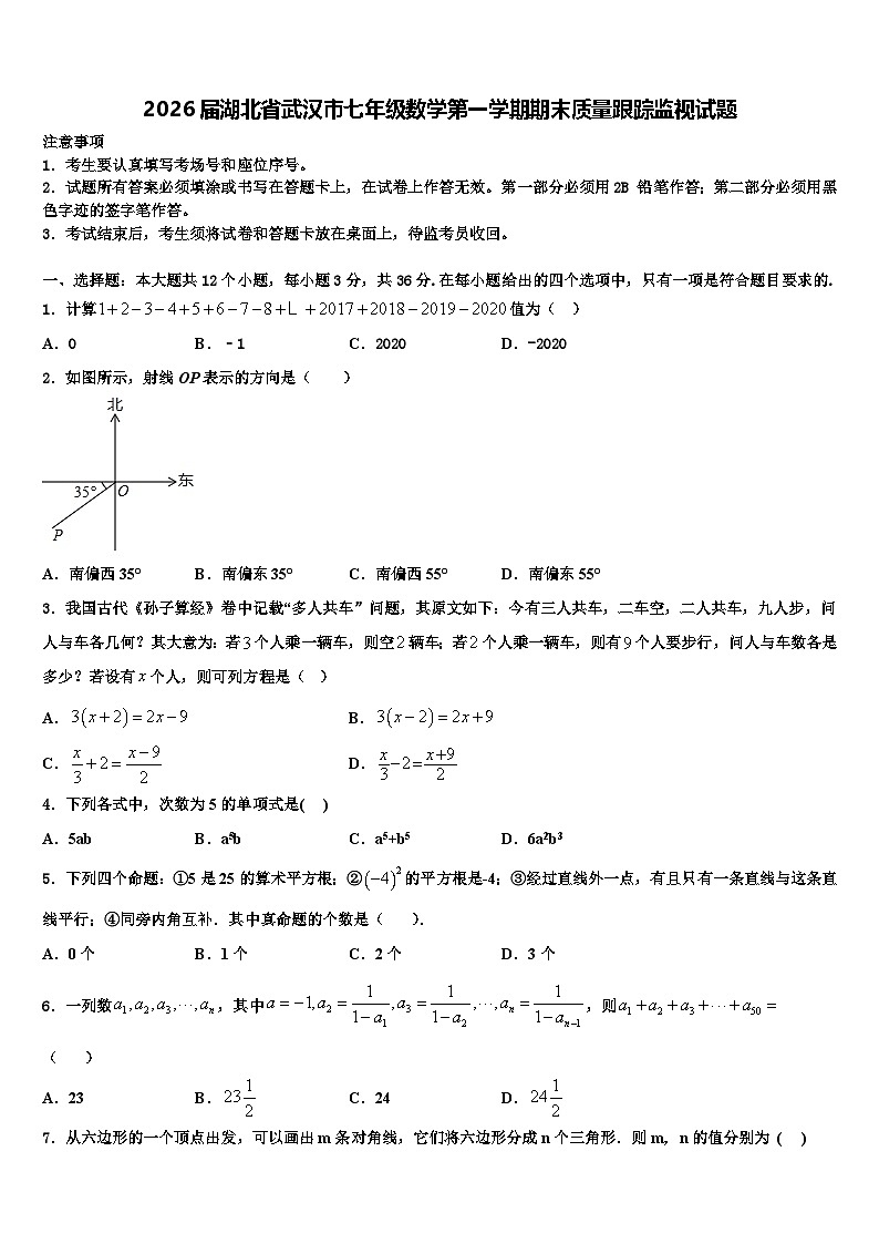 2026届湖北省武汉市七年级数学第一学期期末质量跟踪监视试题含解析第1页