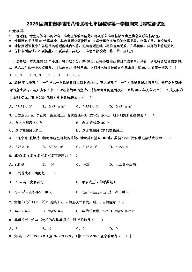 2026届湖北省孝感市八校联考七年级数学第一学期期末质量检测试题含解析第1页