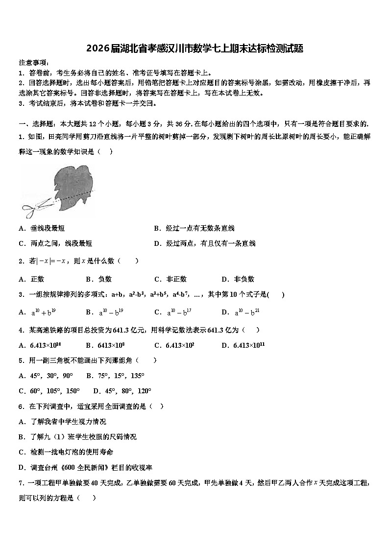 2026届湖北省孝感汉川市数学七上期末达标检测试题含解析第1页