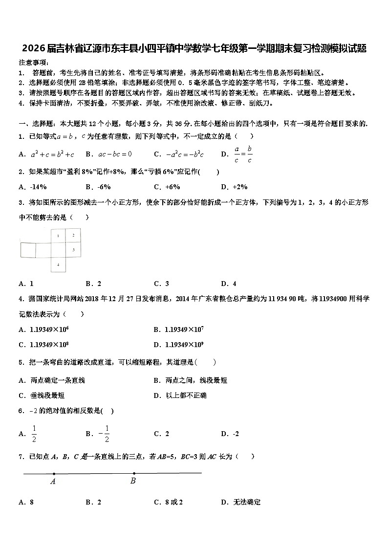 2026届吉林省辽源市东丰县小四平镇中学数学七年级第一学期期末复习检测模拟试题含解析第1页
