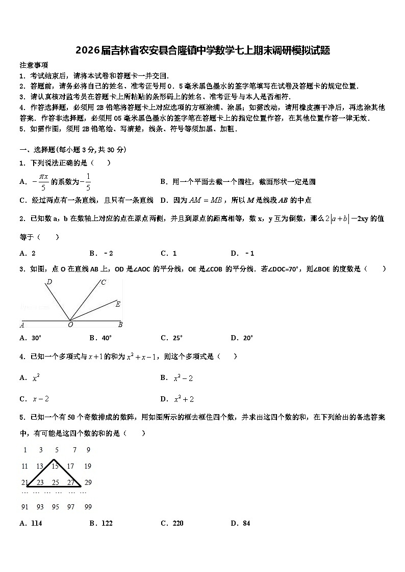 2026届吉林省农安县合隆镇中学数学七上期末调研模拟试题含解析第1页