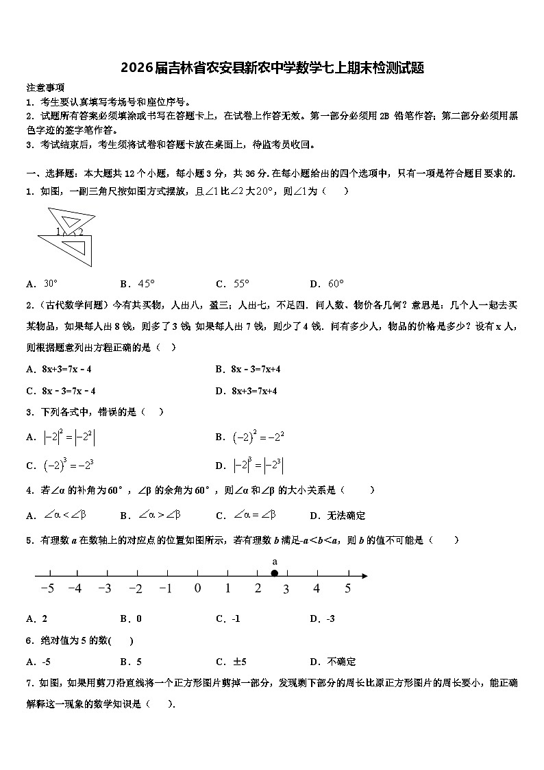 2026届吉林省农安县新农中学数学七上期末检测试题含解析第1页