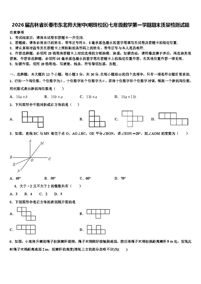 2026届吉林省长春市东北师大附中(明珠校区)七年级数学第一学期期末质量检测试题含解析第1页