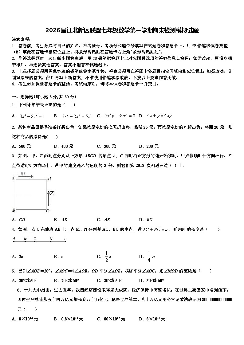 2026届江北新区联盟七年级数学第一学期期末检测模拟试题含解析第1页