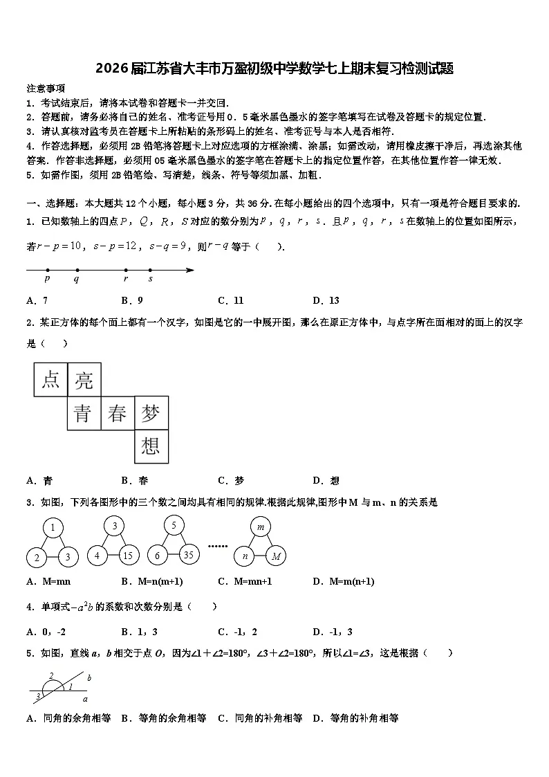 2026届江苏省大丰市万盈初级中学数学七上期末复习检测试题含解析第1页