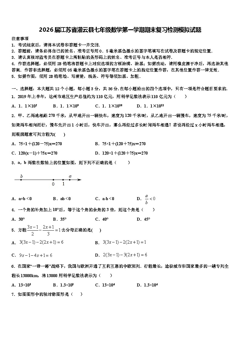 2026届江苏省灌云县七年级数学第一学期期末复习检测模拟试题含解析第1页