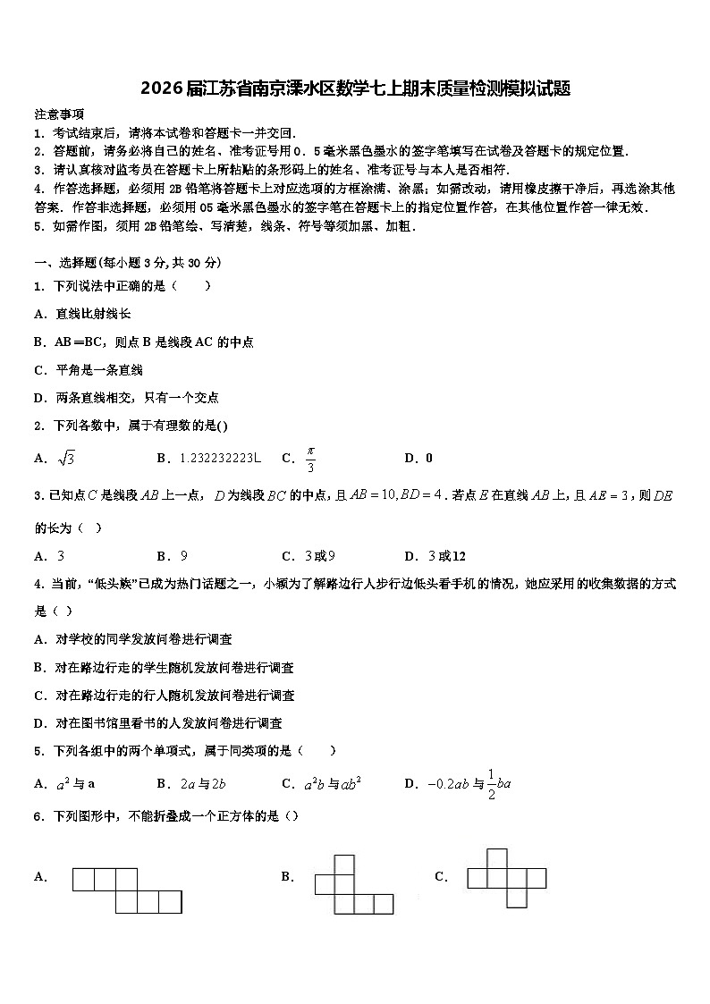 2026届江苏省南京溧水区数学七上期末质量检测模拟试题含解析第1页