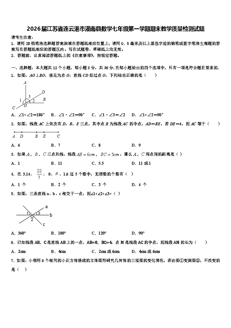 2026届江苏省连云港市灌南县数学七年级第一学期期末教学质量检测试题含解析第1页